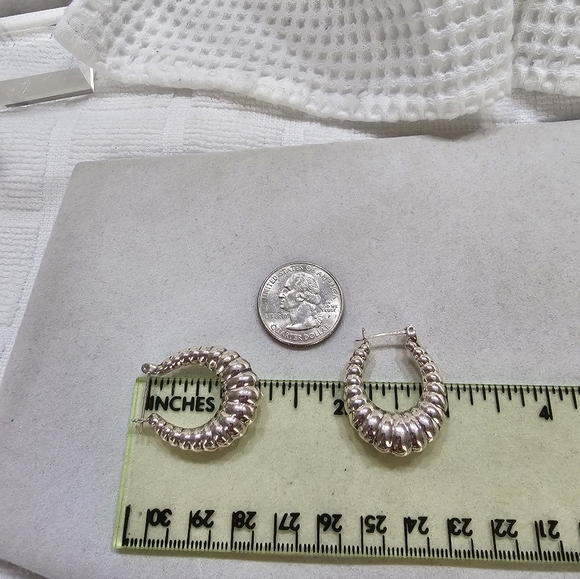 Vintage Chunky Ribbed Silver Oval Shrimp Hoop Earrings 925 - Picture 7 of 9